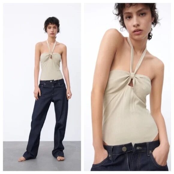 Zara Womens Sz L Beige Cream Ribbed Halter‎ Bodysuit Keyhole Stretch One-Piece - Picture 1 of 11